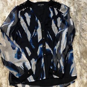 Karen Kane Women's Abstract Blue and Black Blouse